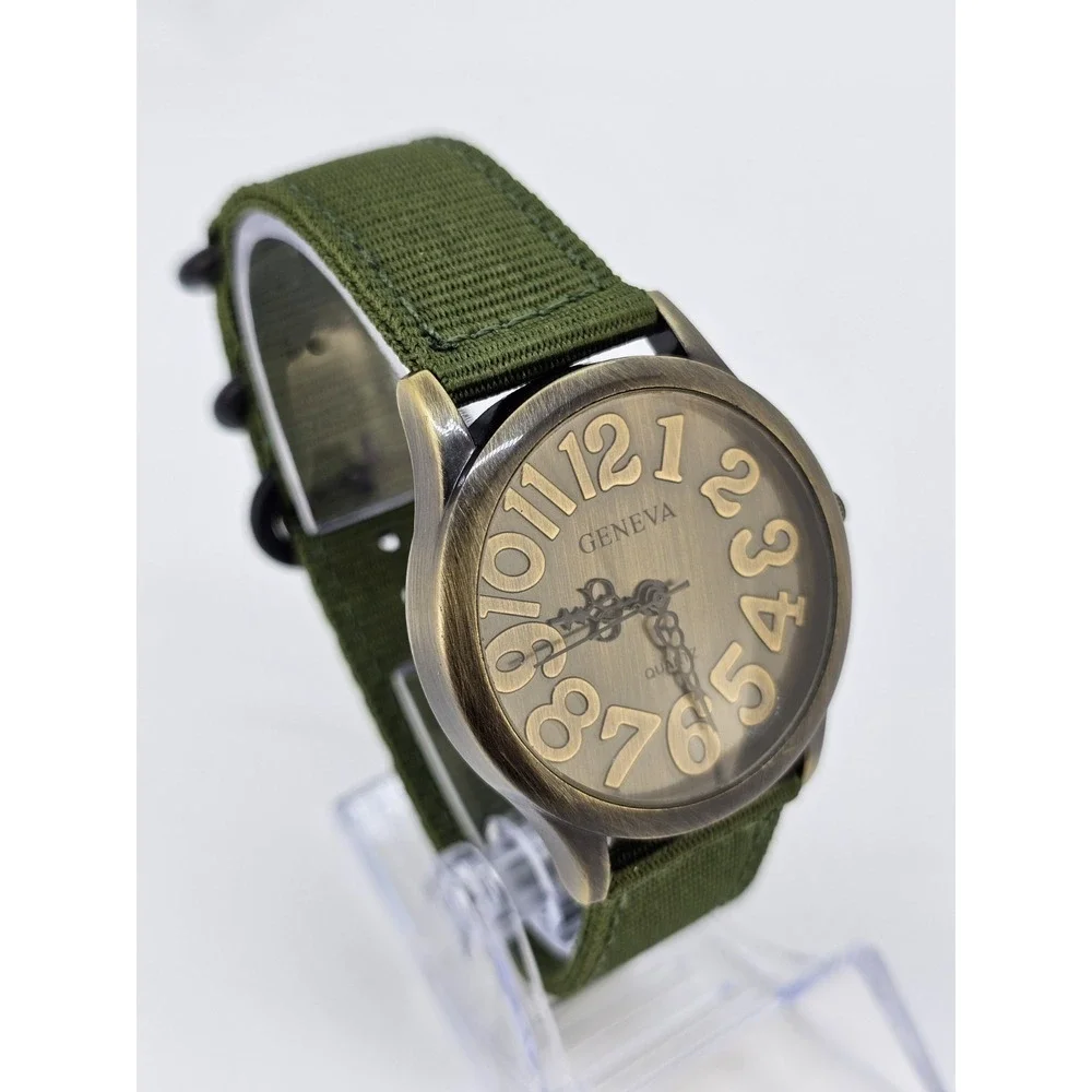 Men's Analog Watch 38MM Bronze Dial New Army Green Canvas Bands New Battery